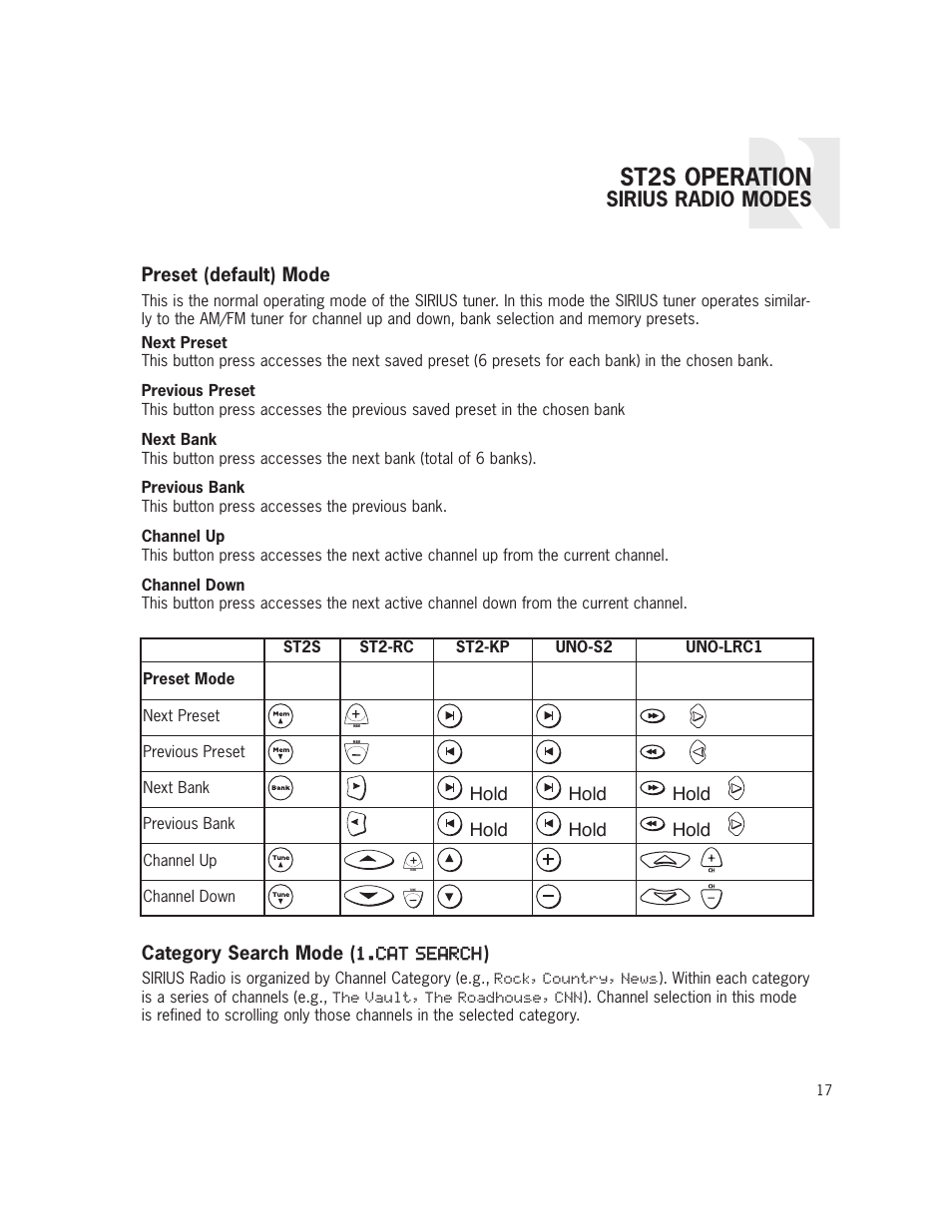 St2s operation, Sirius radio modes | Russound ST2S User Manual | Page 17 / 40