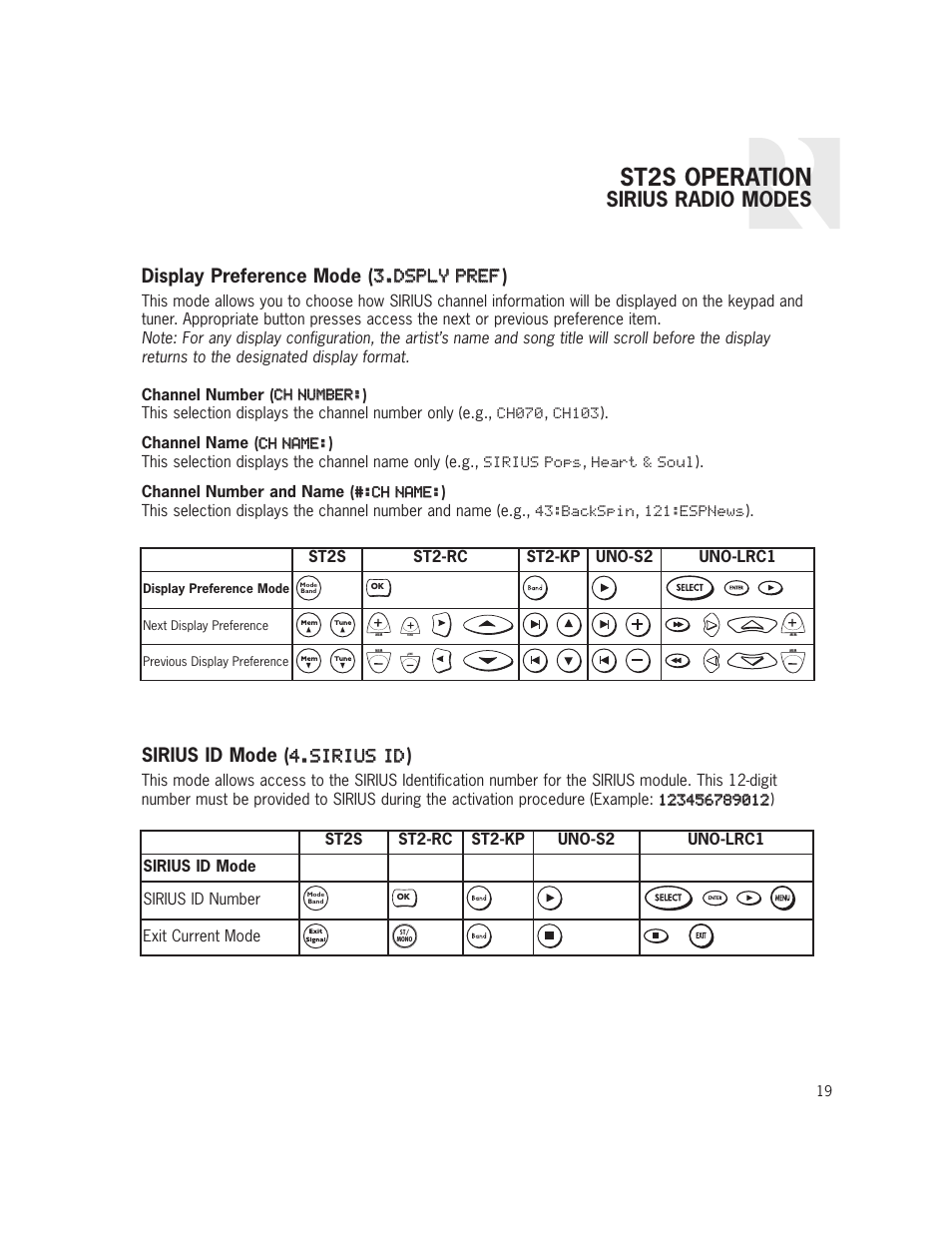 St2s operation, Sirius radio modes, Sirius id mode ( 4 4..s si ir ri iu us s i id d ) | Russound ST2S User Manual | Page 19 / 40