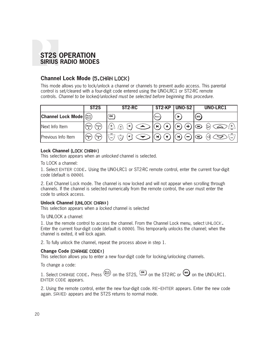 St2s operation, Sirius radio modes | Russound ST2S User Manual | Page 20 / 40