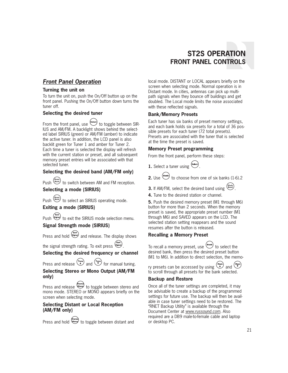 St2s operation, Front panel controls, Front panel operation | Russound ST2S User Manual | Page 21 / 40