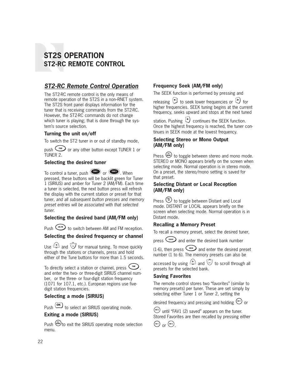 St2s operation, St2-rc remote control, St2-rc remote control operation | Russound ST2S User Manual | Page 22 / 40