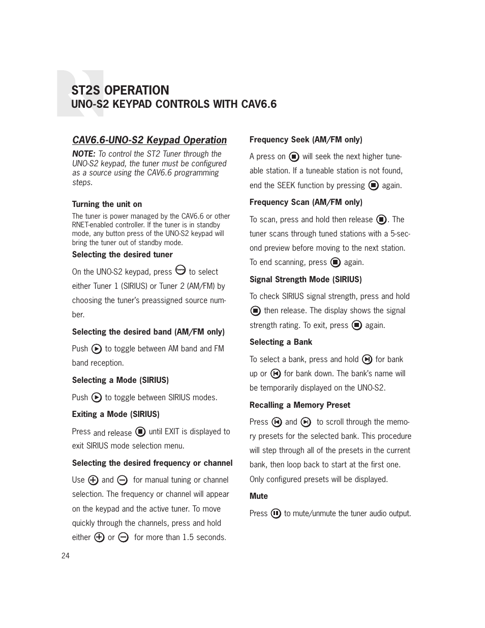 St2s operation, Uno-s2 keypad controls with cav6.6 | Russound ST2S User Manual | Page 24 / 40