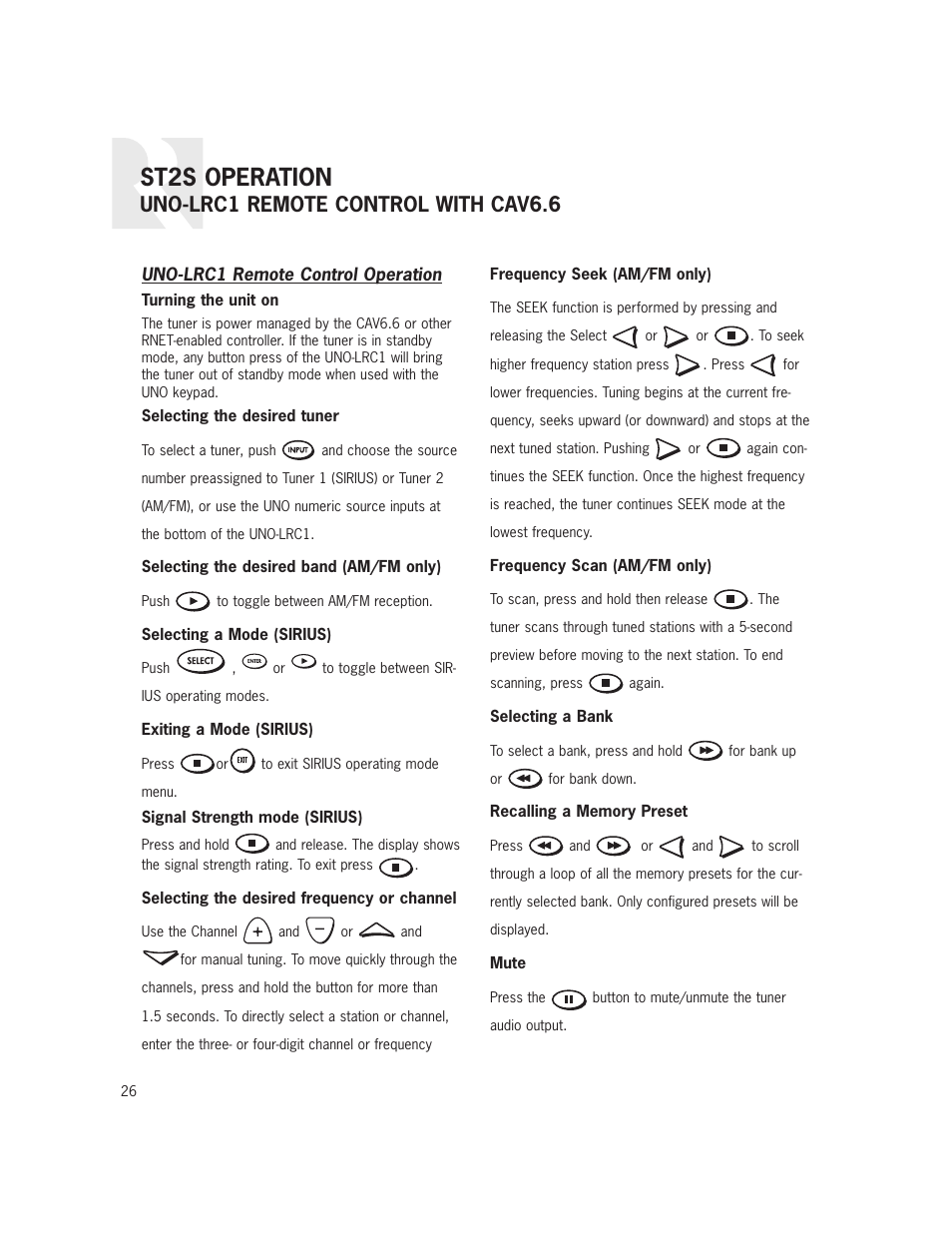 St2s operation, Uno-lrc1 remote control with cav6.6 | Russound ST2S User Manual | Page 26 / 40