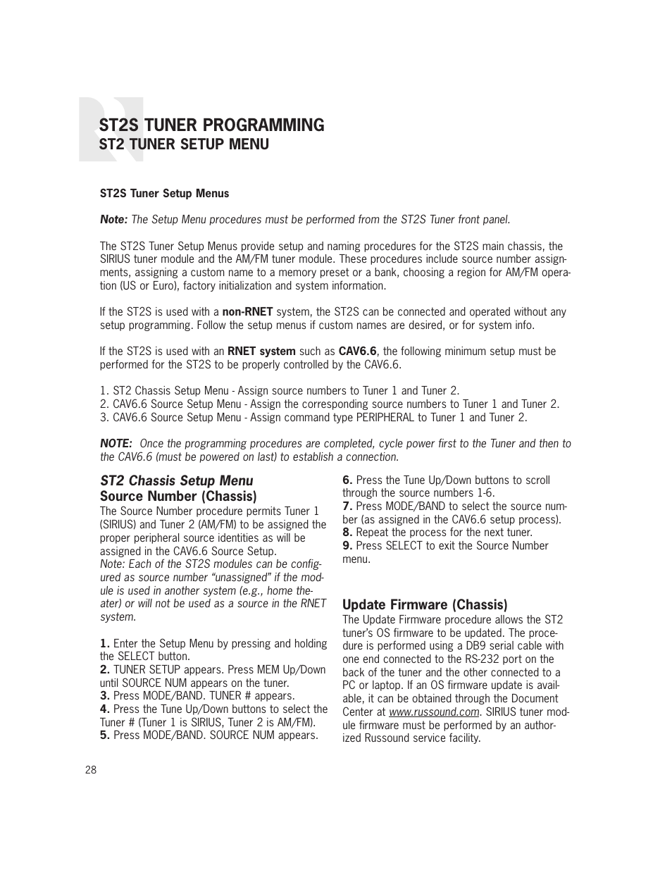 St2s tuner programming, St2 tuner setup menu | Russound ST2S User Manual | Page 28 / 40