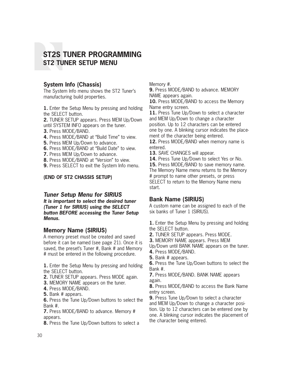 St2s tuner programming, St2 tuner setup menu | Russound ST2S User Manual | Page 30 / 40