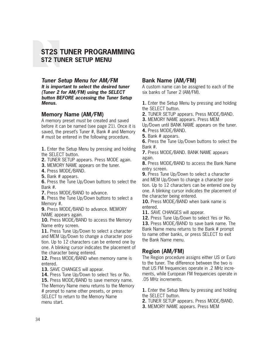 St2s tuner programming, St2 tuner setup menu | Russound ST2S User Manual | Page 34 / 40