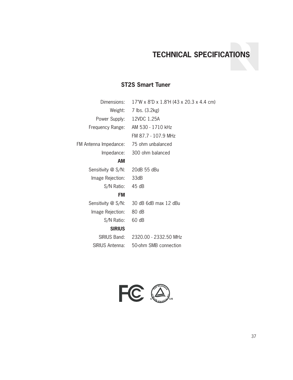 Technical specifications | Russound ST2S User Manual | Page 37 / 40
