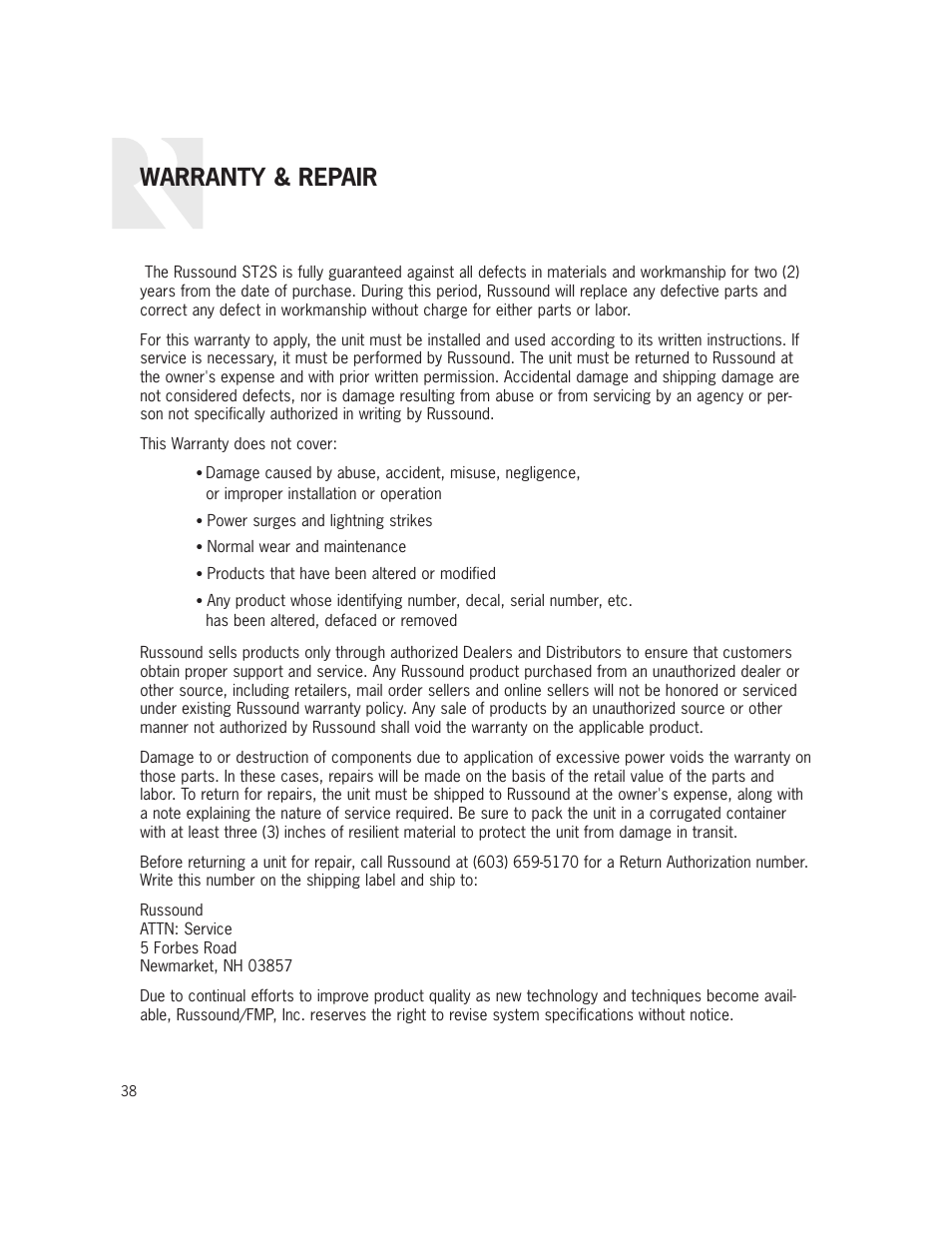 Warranty & repair | Russound ST2S User Manual | Page 38 / 40