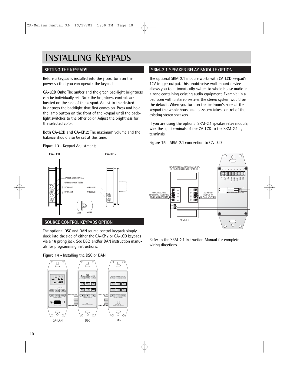 Nstalling, Eypads, Setting the keypads | Source control keypads option, Srm-2.1 speaker relay module option | Russound CA-Series User Manual | Page 10 / 16