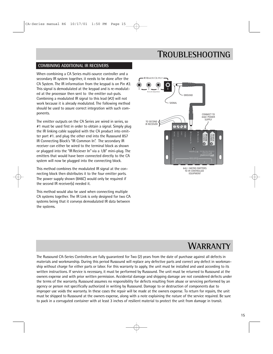 Roubleshooting, Arranty, Combining additional ir receivers | Russound CA-Series User Manual | Page 15 / 16