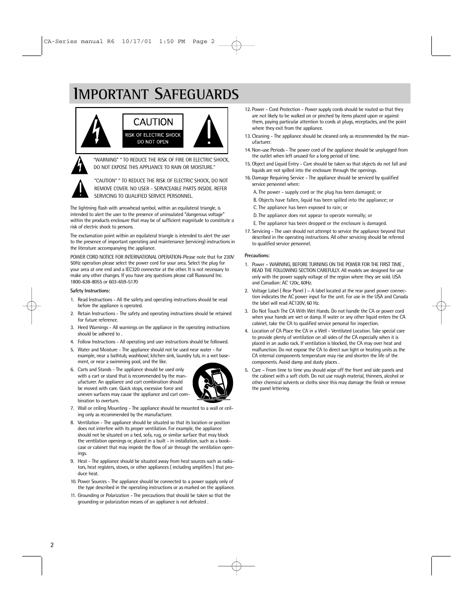 Mportant, Afeguards | Russound CA-Series User Manual | Page 2 / 16