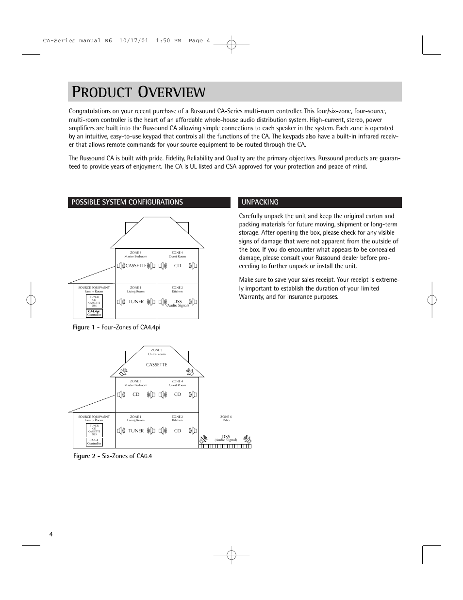 Roduct, Verview, Possible system configurations | Unpacking | Russound CA-Series User Manual | Page 4 / 16