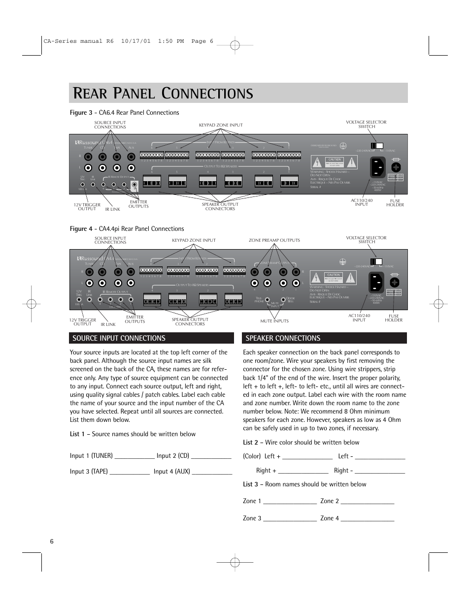 Anel, Onnections, Source input connections | Speaker connections | Russound CA-Series User Manual | Page 6 / 16