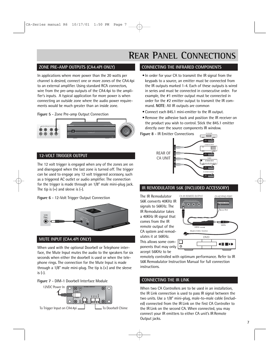 Anel, Onnections, Zone pre-amp outputs (ca4.4pi only) | Volt trigger output, Mute input (ca4.4pi only), Connecting the infrared components, Ir remodulator 56k (included accessory), Connecting the ir link, Rear of ca unit | Russound CA-Series User Manual | Page 7 / 16