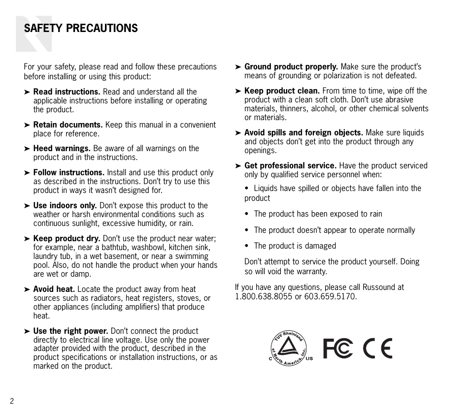 Safety precautions | Russound ISH1 User Manual | Page 2 / 8