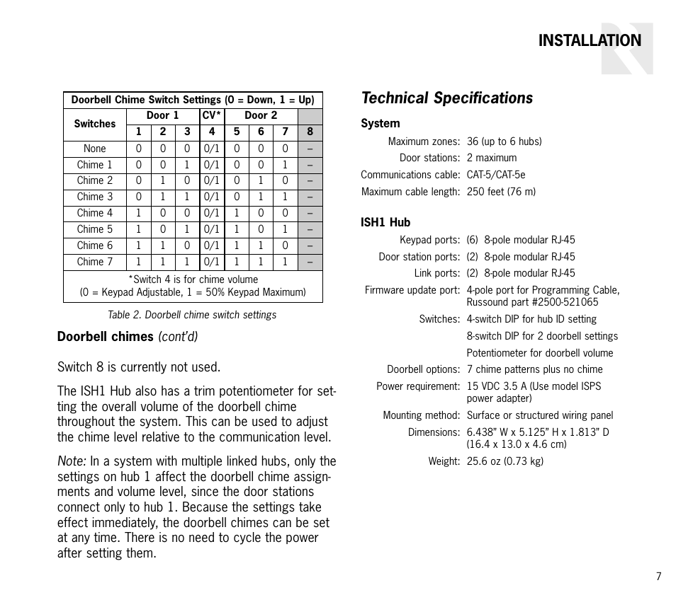 Installation technical specifications, Cont’d) | Russound ISH1 User Manual | Page 7 / 8