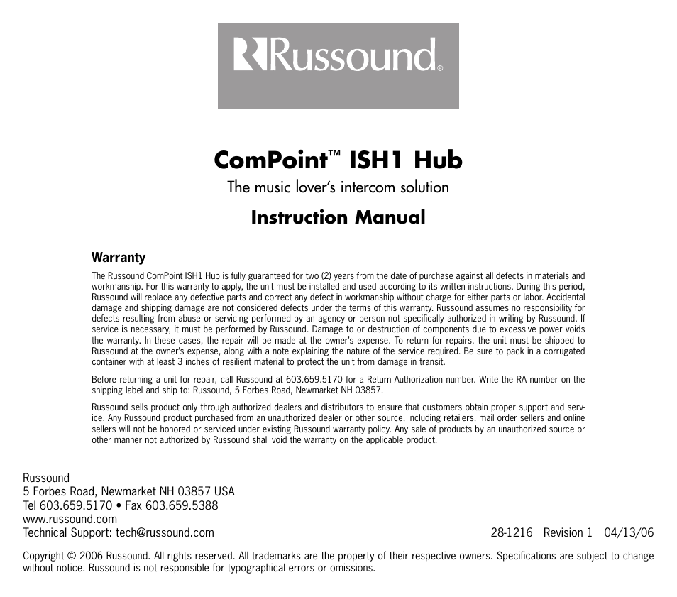 Compoint, Ish1 hub, Instruction manual | Russound ISH1 User Manual | Page 8 / 8