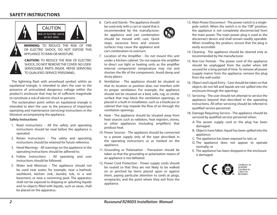 Safety instructions | Russound R290DS User Manual | Page 2 / 12