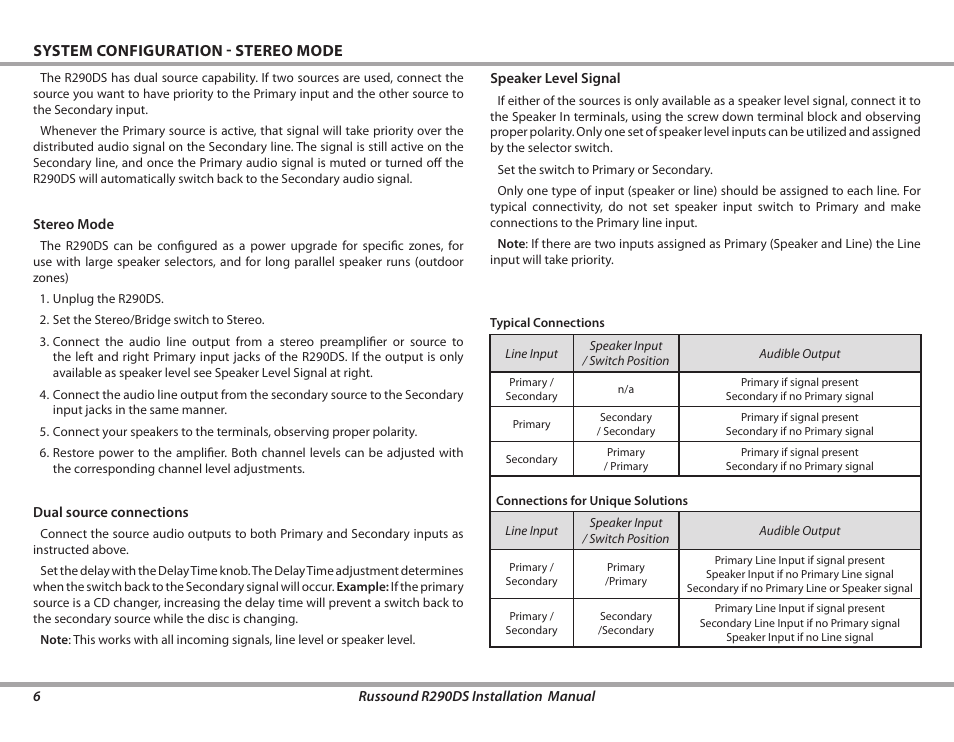 System configuration - stereo mode | Russound R290DS User Manual | Page 6 / 12