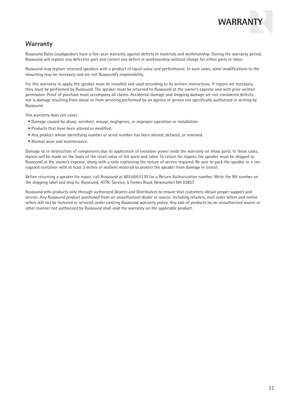 Warranty | Russound RATIO RC61 User Manual | Page 11 / 12