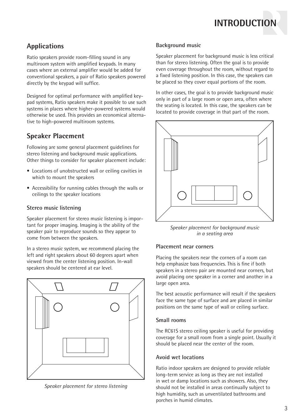 Introduction, Applications, Speaker placement | Russound RATIO RC61 User Manual | Page 3 / 12