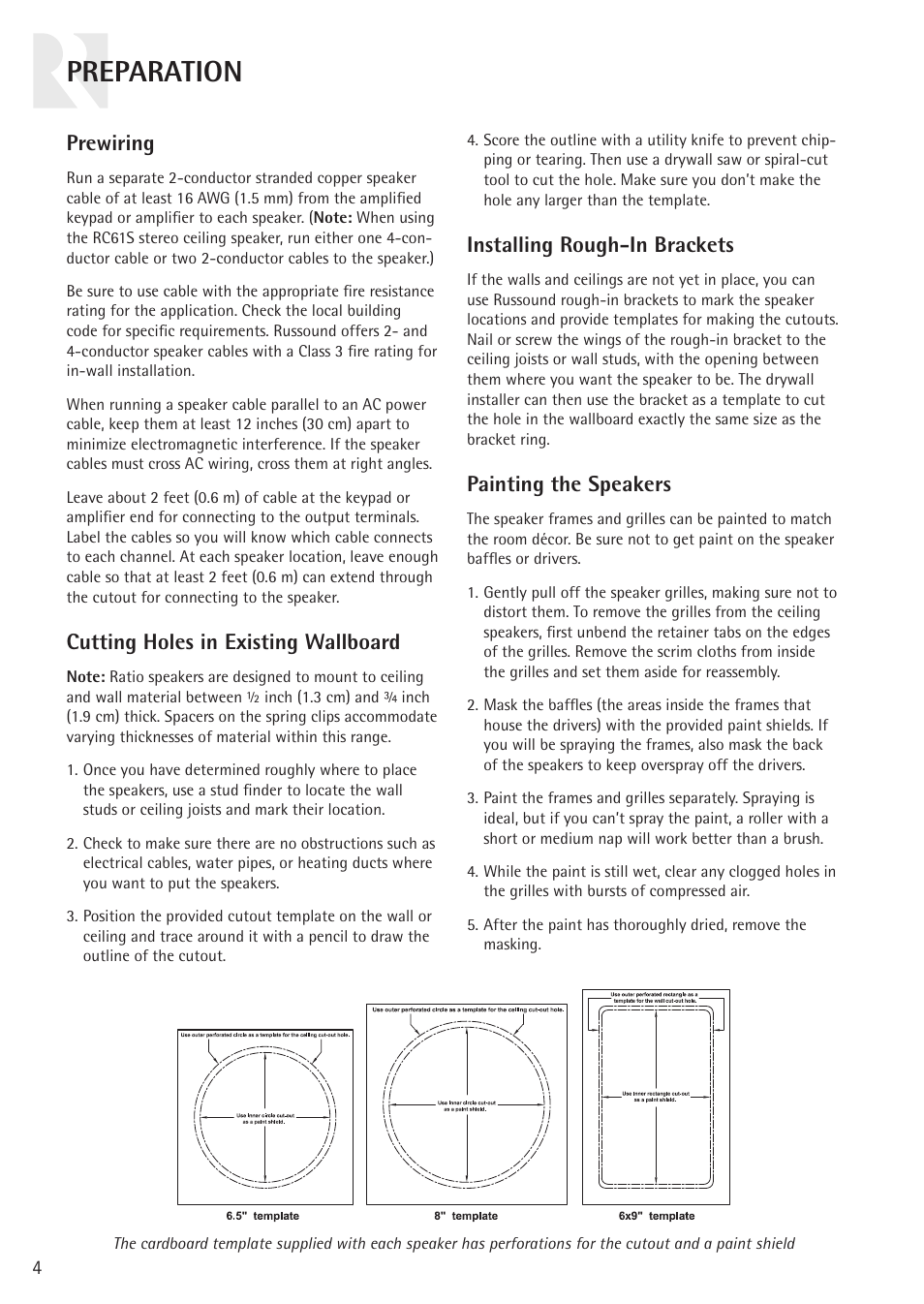 Preparation, Prewiring, Cutting holes in existing wallboard | Installing rough-in brackets, Painting the speakers | Russound RATIO RC61 User Manual | Page 4 / 12