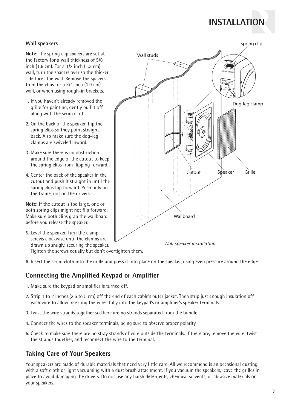 Installation, Connecting the amplifi ed keypad or amplifi er, Taking care of your speakers | Russound RATIO RC61 User Manual | Page 7 / 12