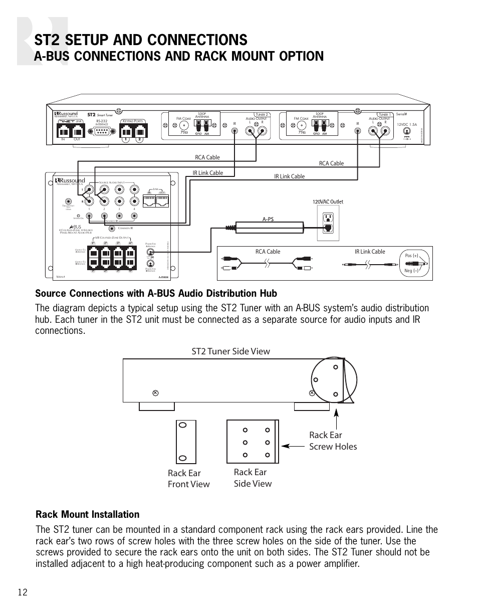 St2 setup and connections, A-bus connections and rack mount option, Rca cable | Russound ST2 User Manual | Page 12 / 28