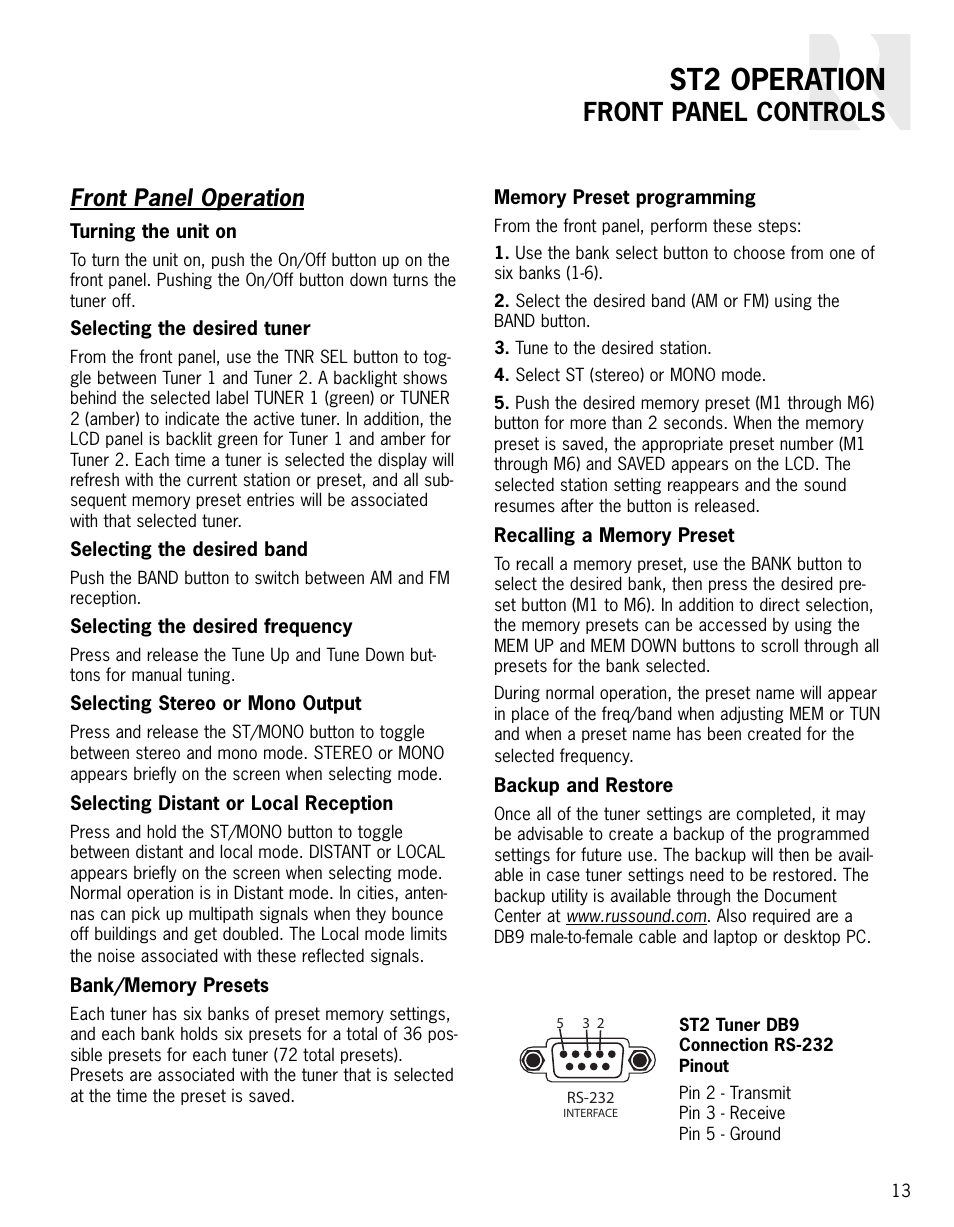 St2 operation, Front panel controls, Front panel operation | Russound ST2 User Manual | Page 13 / 28