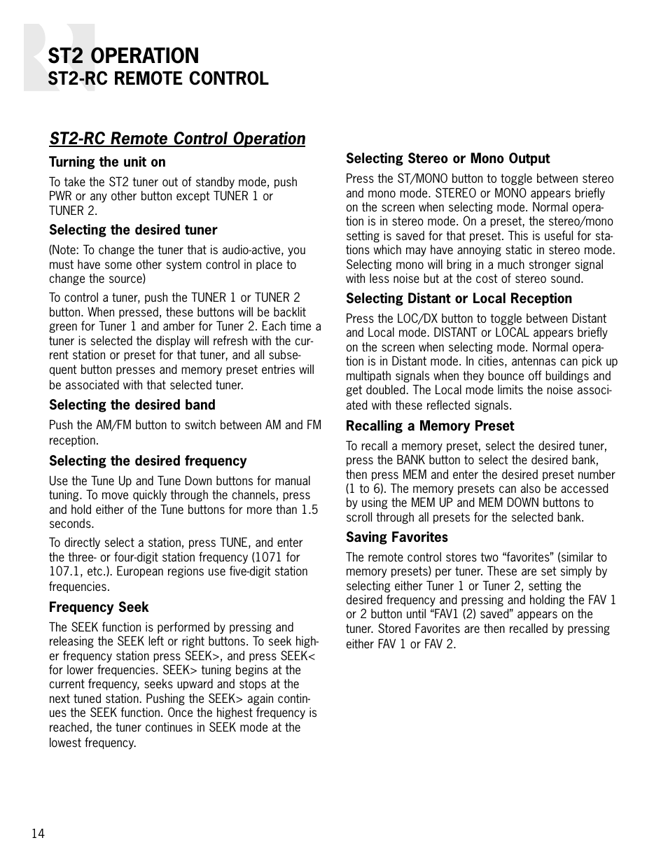 St2 operation, St2-rc remote control, St2-rc remote control operation | Russound ST2 User Manual | Page 14 / 28
