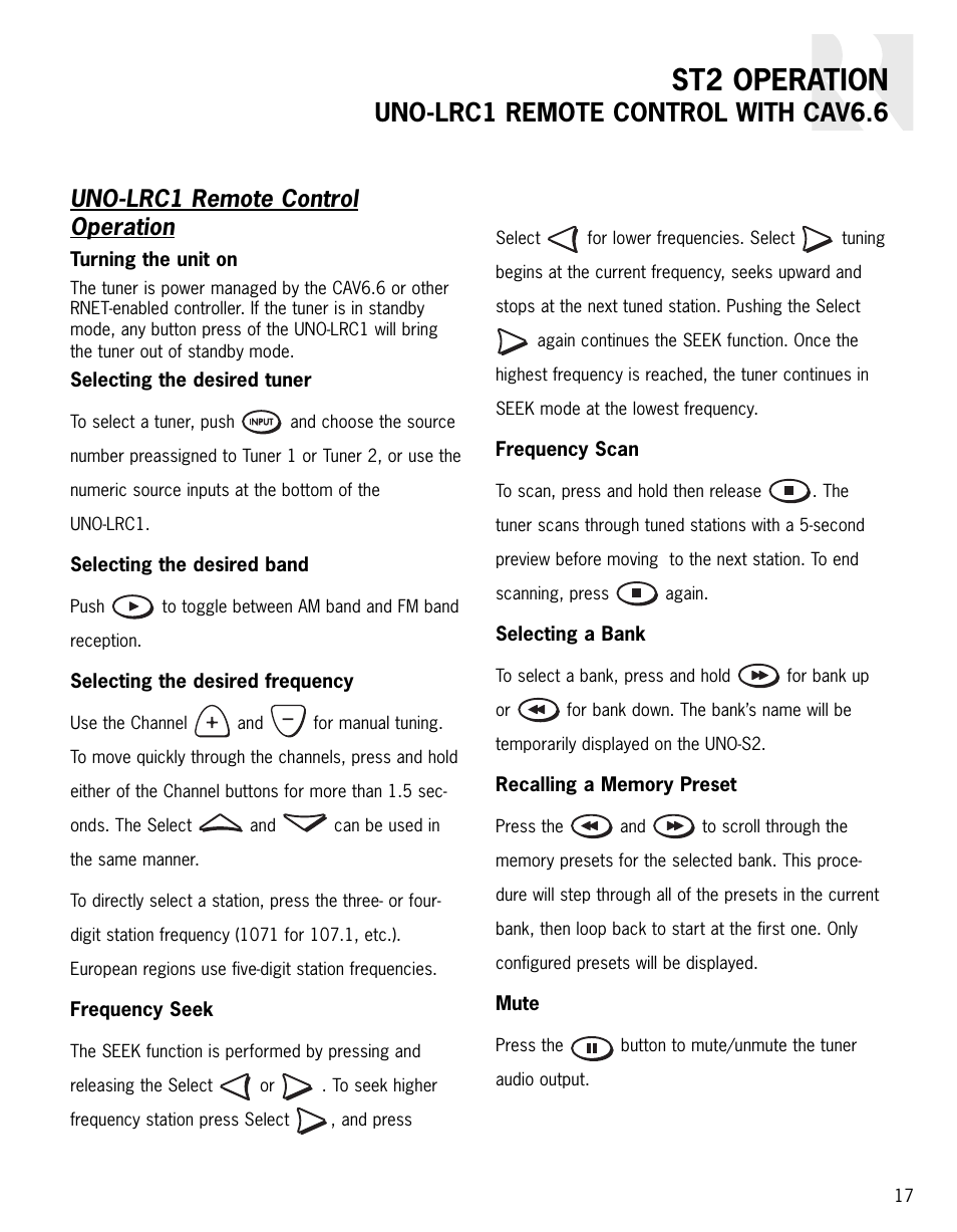 St2 operation, Uno-lrc1 remote control with cav6.6, Uno-lrc1 remote control operation | Russound ST2 User Manual | Page 17 / 28