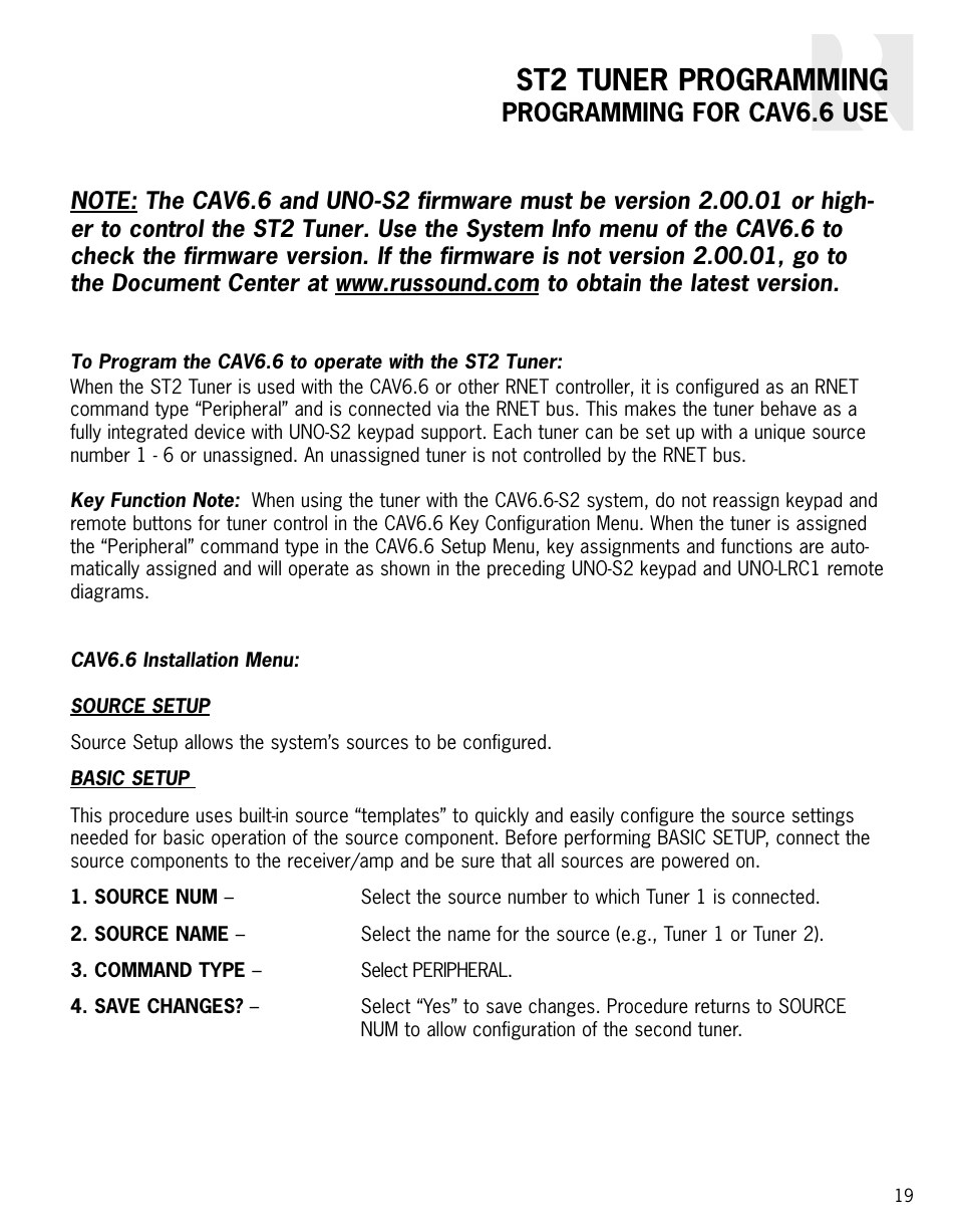 St2 tuner programming, Programming for cav6.6 use | Russound ST2 User Manual | Page 19 / 28