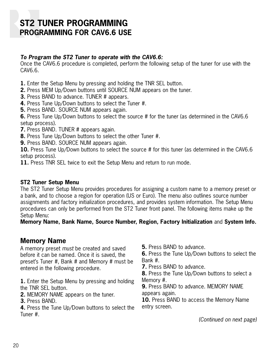 St2 tuner programming, Programming for cav6.6 use | Russound ST2 User Manual | Page 20 / 28