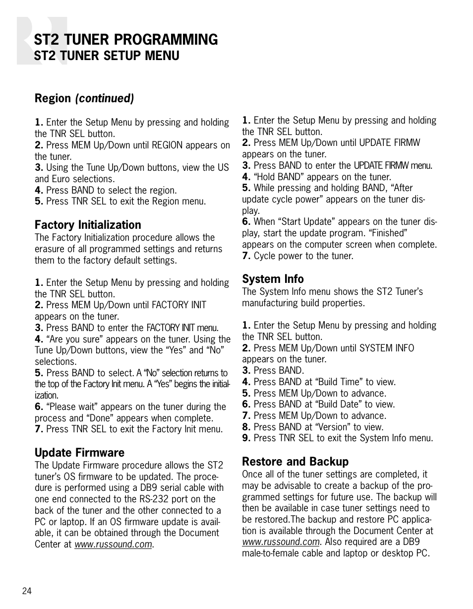 St2 tuner programming, St2 tuner setup menu | Russound ST2 User Manual | Page 24 / 28