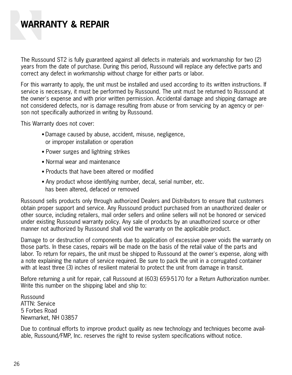 Warranty & repair | Russound ST2 User Manual | Page 26 / 28