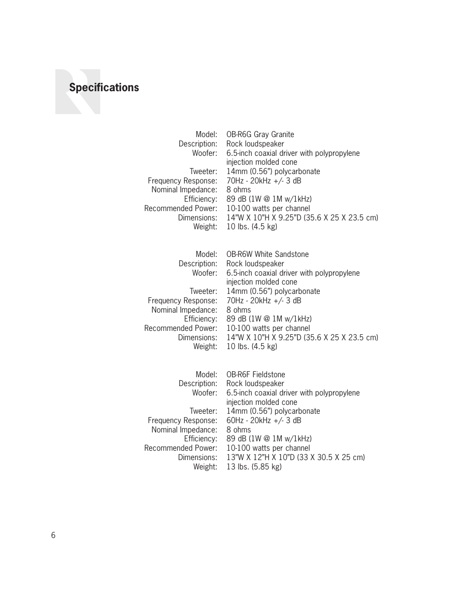 Specifications | Russound OB-R6G User Manual | Page 6 / 8