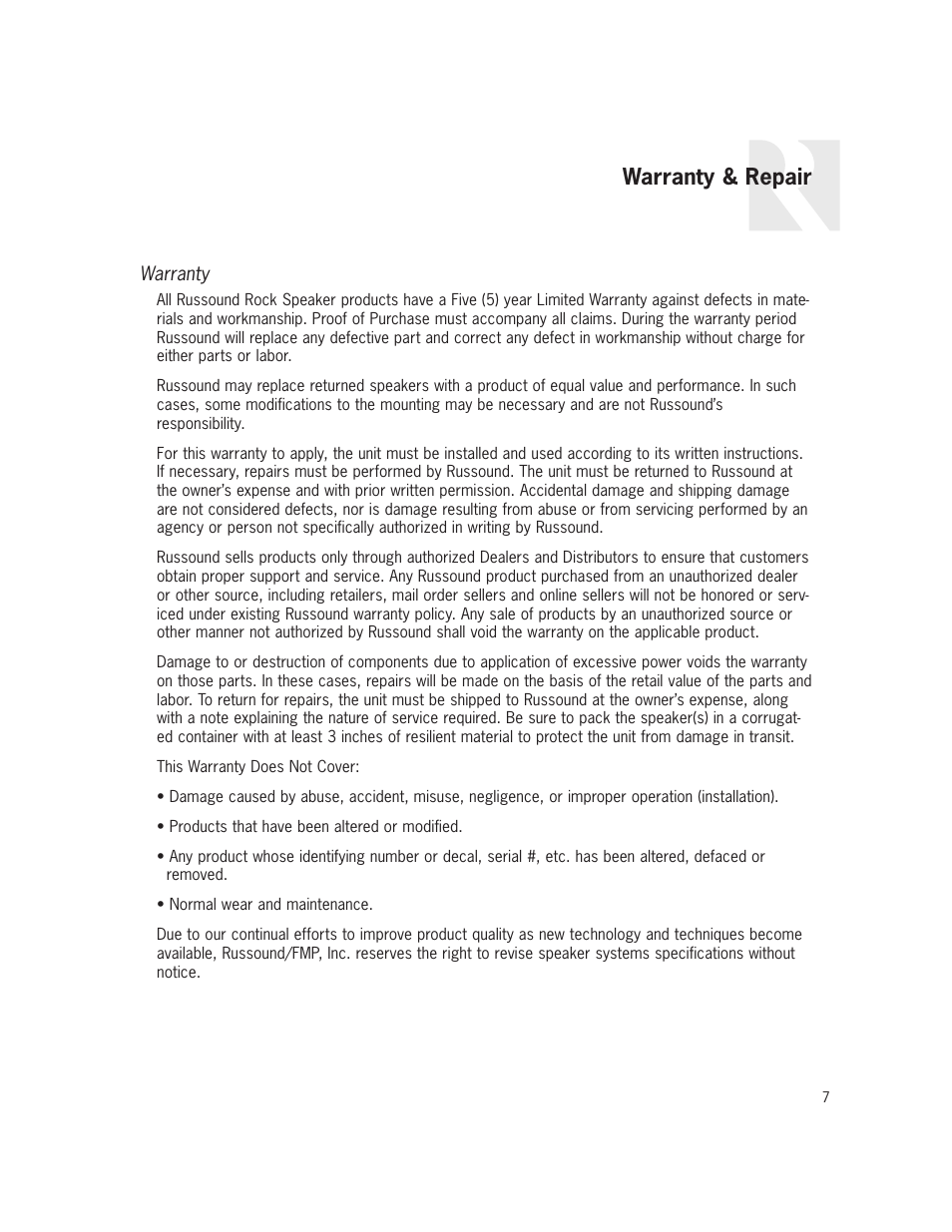 Warranty & repair | Russound OB-R6G User Manual | Page 7 / 8