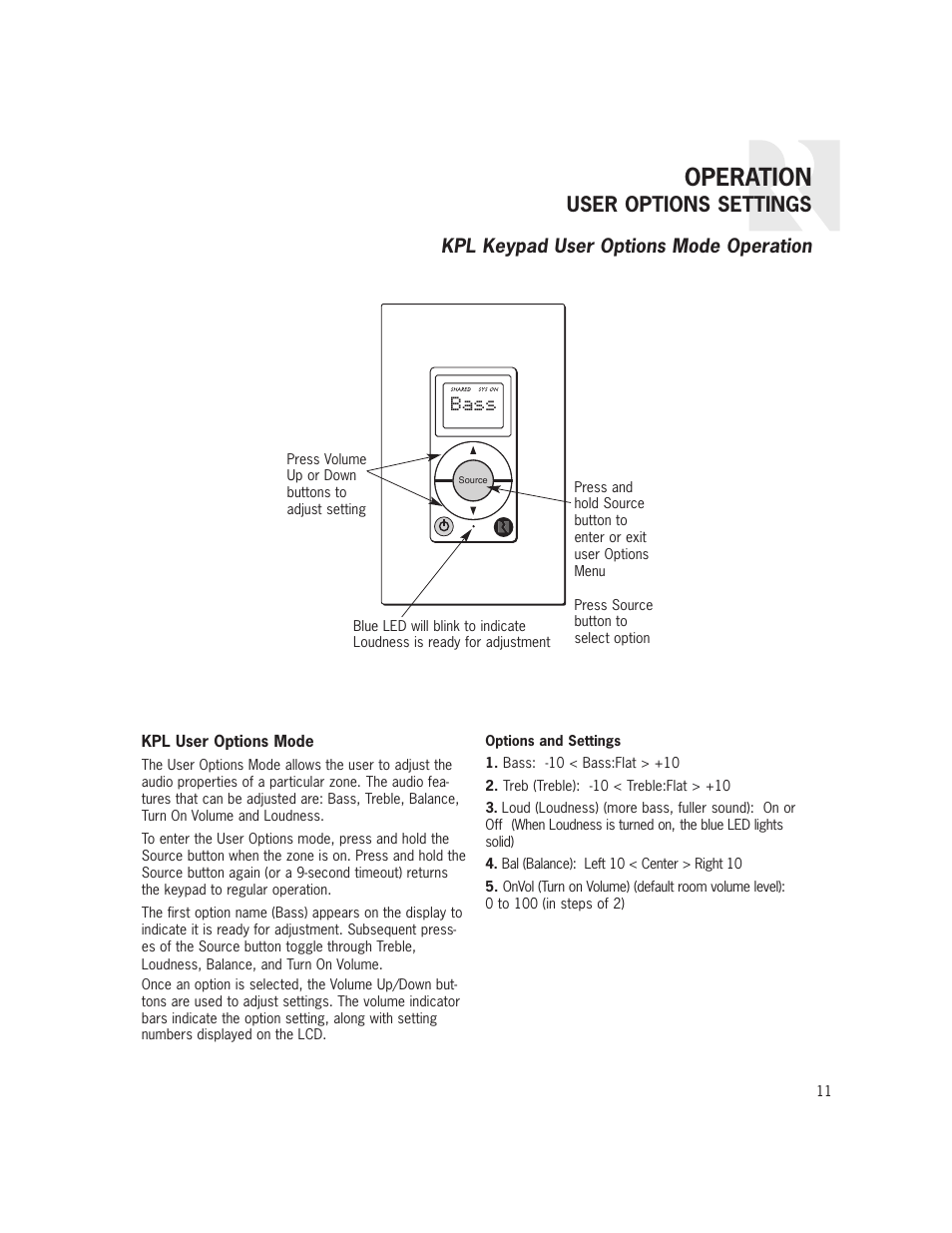 Operation, User options settings, Bass | Russound CAS44 User Manual | Page 11 / 40