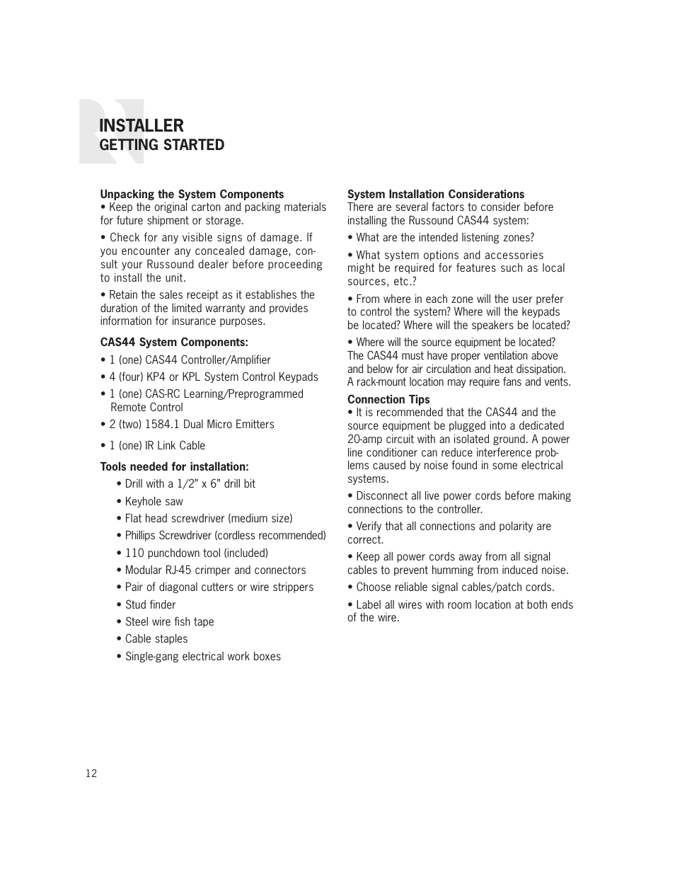 Installer, Getting started | Russound CAS44 User Manual | Page 12 / 40