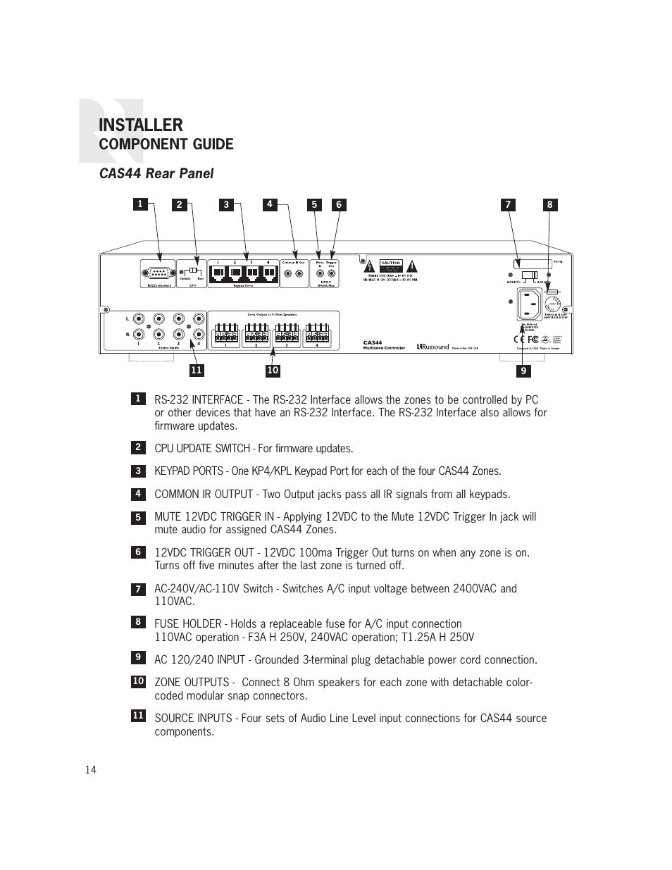 Installer, Component guide, Cas44 rear panel | Russound CAS44 User Manual | Page 14 / 40