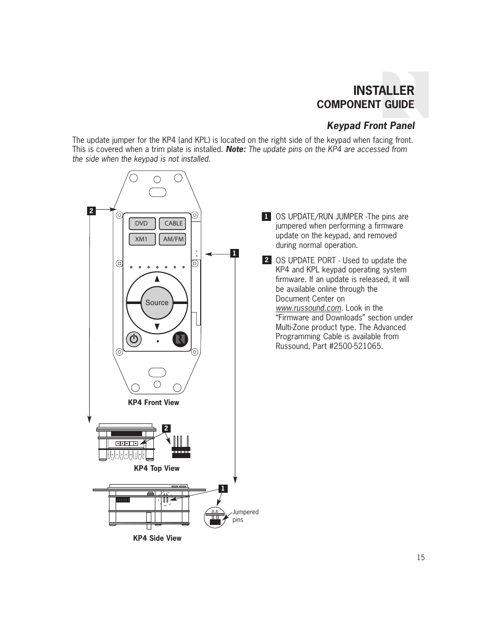 Installer, Component guide, Keypad front panel | Russound CAS44 User Manual | Page 15 / 40