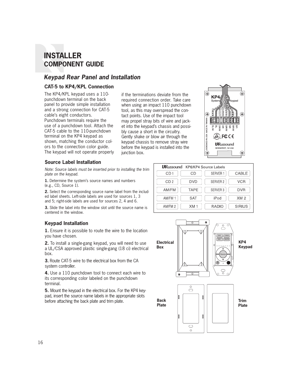 Installer, Component guide, Keypad rear panel and installation | Russound CAS44 User Manual | Page 16 / 40