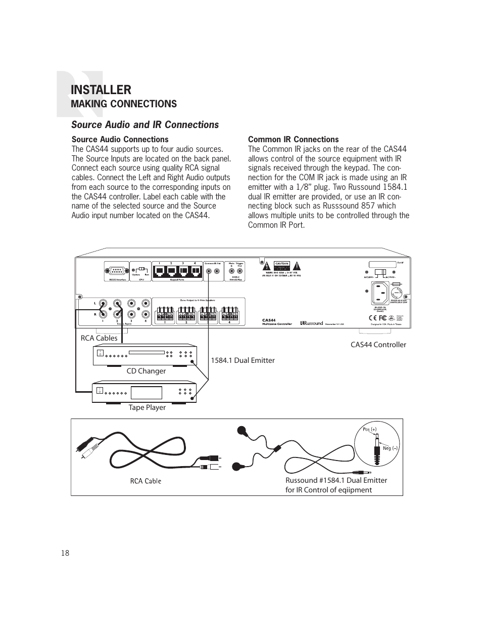 Installer, Making connections source audio and ir connections | Russound CAS44 User Manual | Page 18 / 40