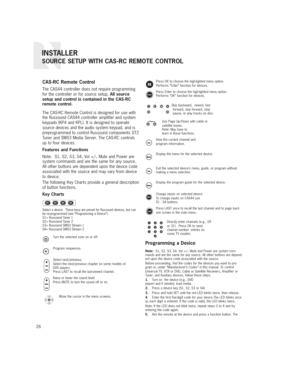 Installer, Source setup with cas-rc remote control, Cas-rc remote control | Programming a device | Russound CAS44 User Manual | Page 26 / 40