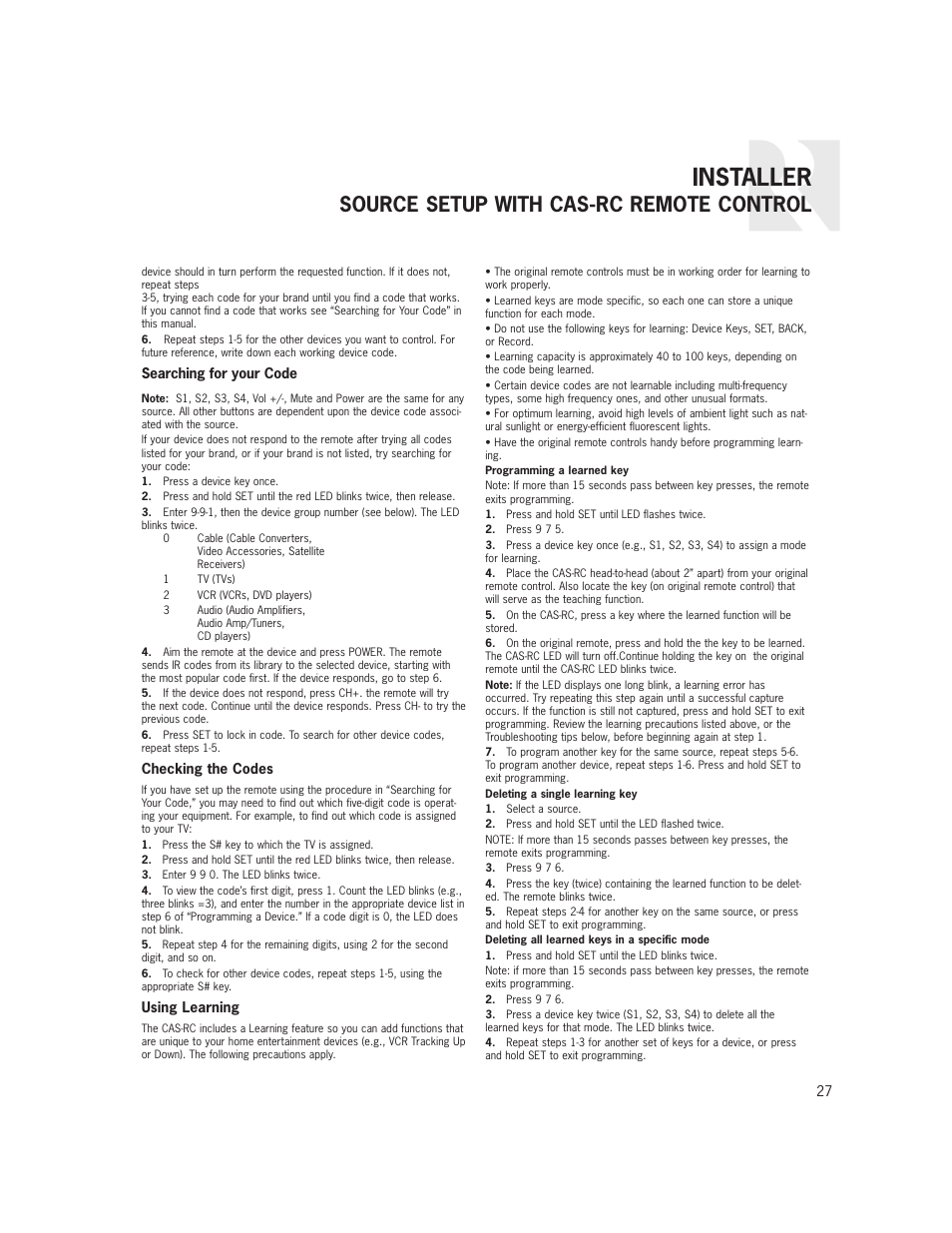 Installer, Source setup with cas-rc remote control, Searching for your code | Checking the codes, Using learning | Russound CAS44 User Manual | Page 27 / 40