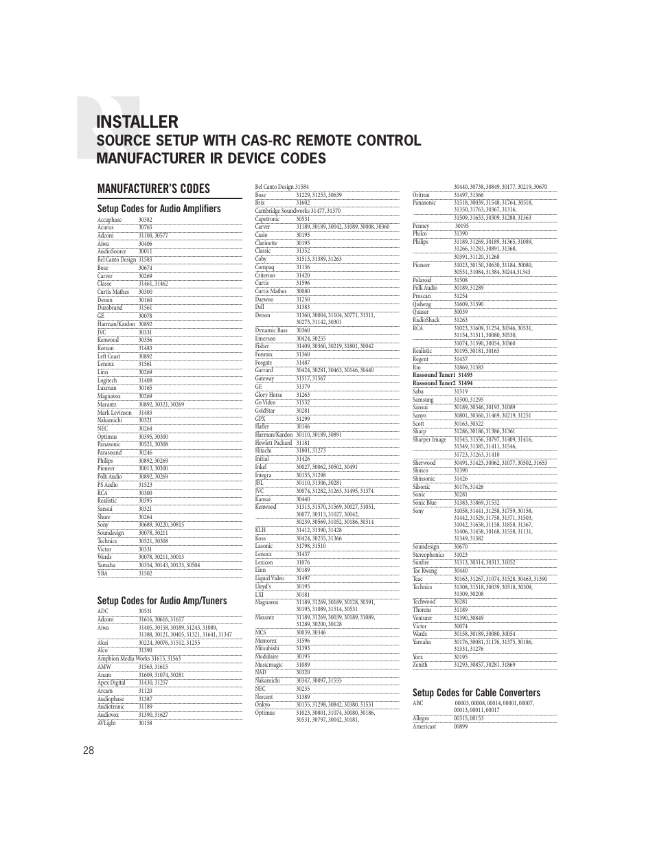 Installer, Manufacturer’s codes, Setup codes for audio amplifiers | Setup codes for audio amp/tuners, Setup codes for cable converters | Russound CAS44 User Manual | Page 28 / 40