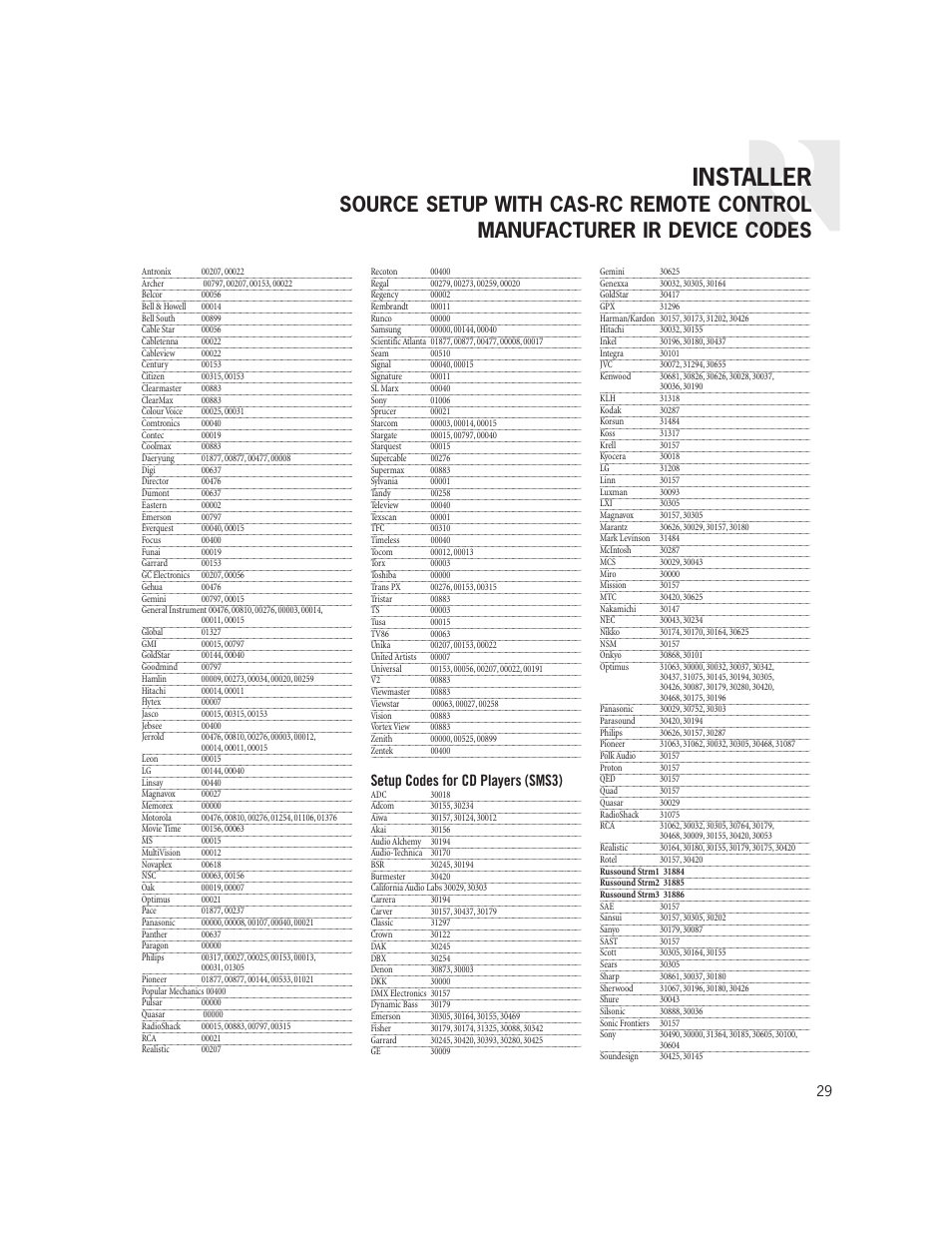 Installer, Setup codes for cd players (sms3) | Russound CAS44 User Manual | Page 29 / 40