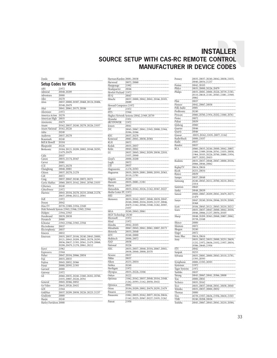 Installer, Setup codes for vcrs | Russound CAS44 User Manual | Page 33 / 40