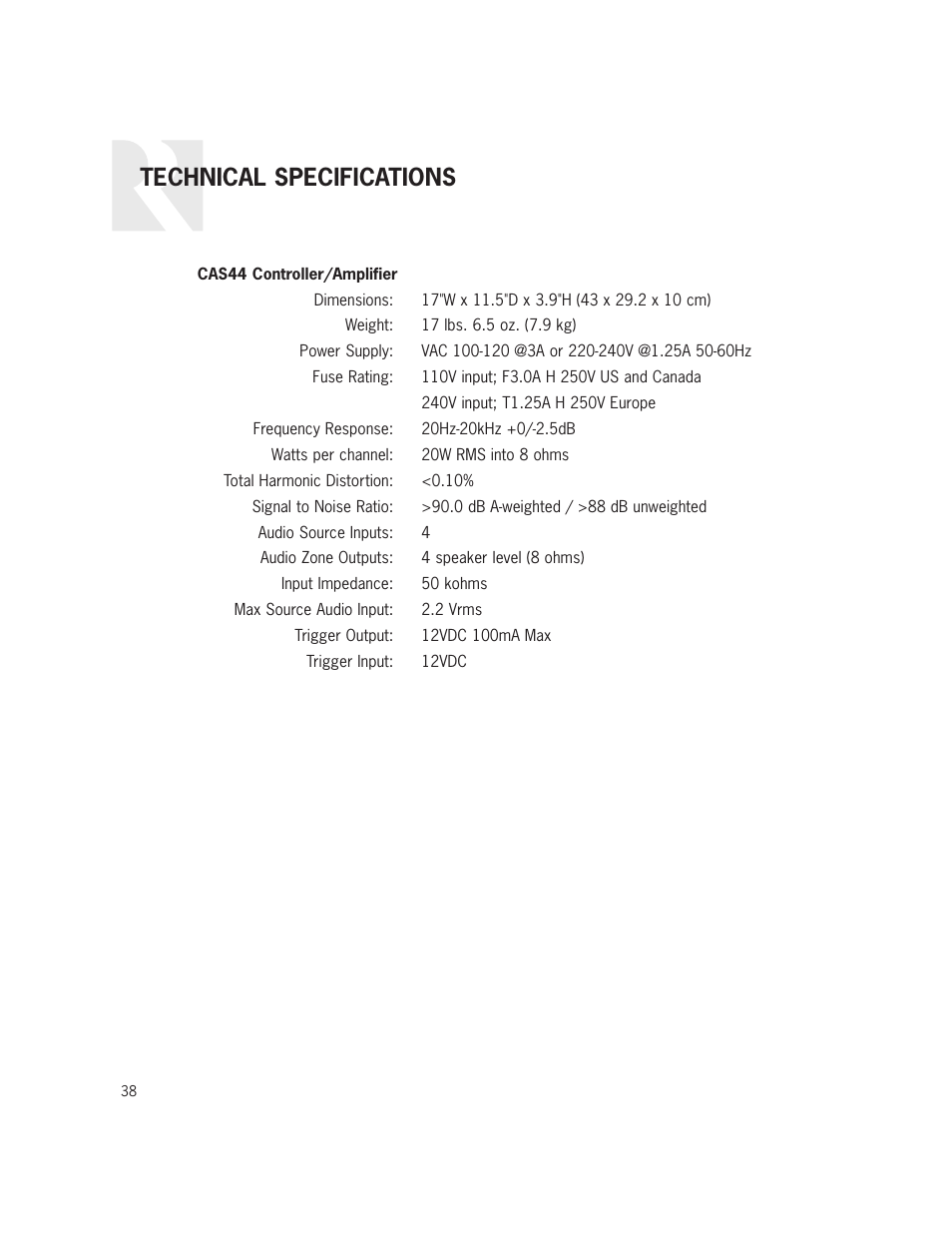 Technical specifications | Russound CAS44 User Manual | Page 38 / 40