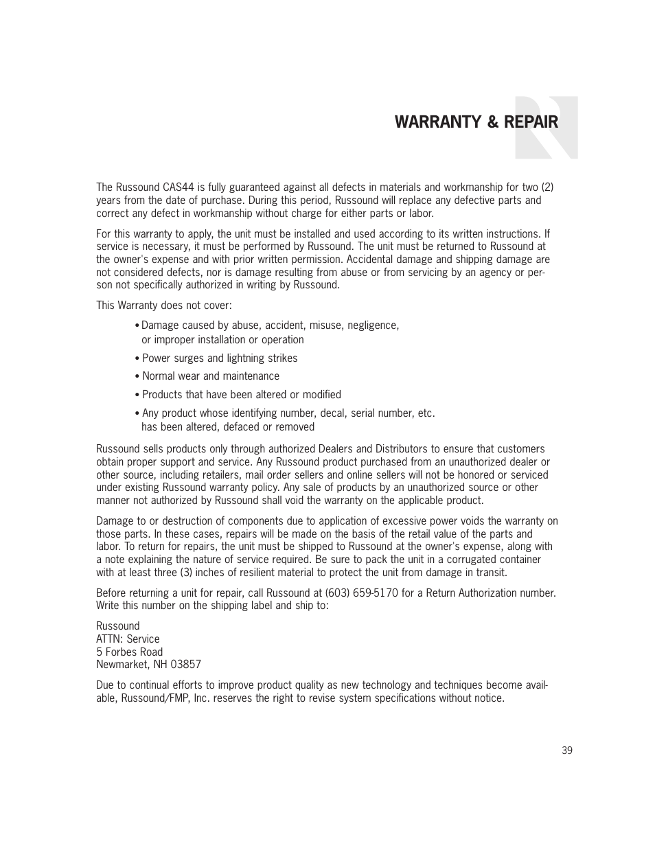 Warranty & repair | Russound CAS44 User Manual | Page 39 / 40